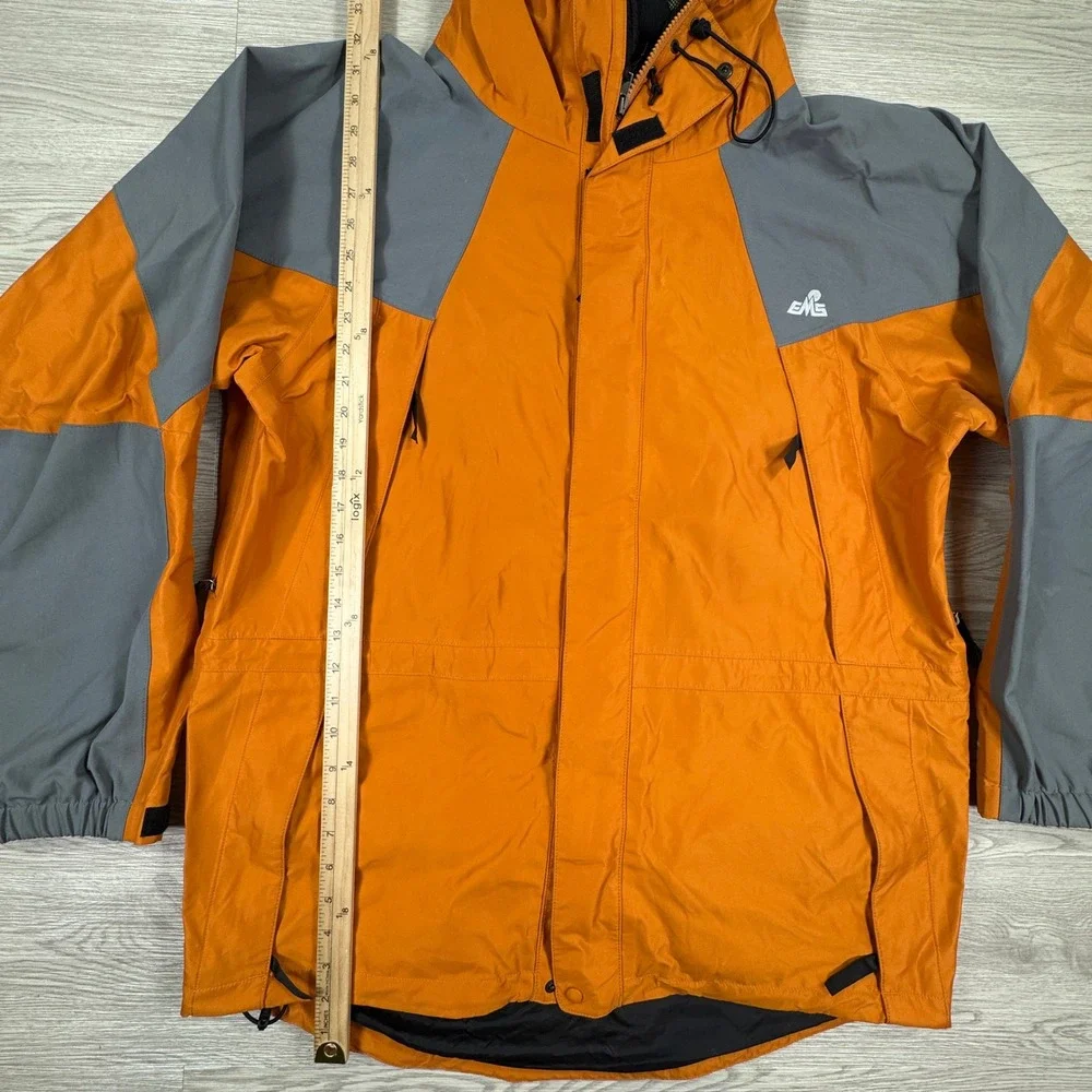 EMS Mens Jacket Gore-Tex Hooded Rain Shell Orange Gray Large Pit Zips Waterproof